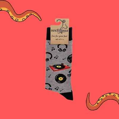 SOCTOPUS Vinyl Socks 9-12 Christmas Gift Record Records Mens Boys 1 Pair Grey