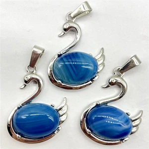 3pcs Natrual Blue Agate Stone Alloy Swan Pendant Chakra Reiki Healing Amulet - Picture 1 of 1