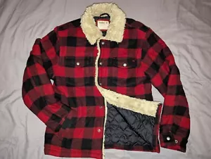 Timberland Jacket Mens Large Red Buffalo Plaid Wool Blend Faux Fur Quilted - Picture 1 of 7