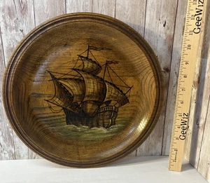 Vintage Wood 12” Platter With Handpainted Large Sail Boat On The Seas -free ship - Picture 1 of 9