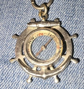 Antique Silver Tone Pocket Chain Compass Fob Nautical Ship Wheel - Bild 1 von 14