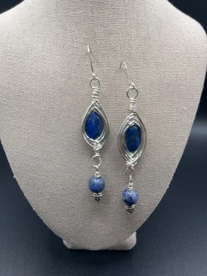 Boho Wire Wrapped Blue Lapis Dangle And Drop Pierced Earrings Gift For Her - Image 1 of 4