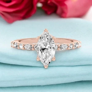14k Rose Gold Ring Wedding Diamond Lab Grown Marquise 1.4 Carat IGI Certified - Picture 1 of 10
