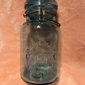 Vintage Glass Blue Canning Fruit Jar Quart TRADE MARK CLIMAX REGISTERED - #7 - Picture 1 of 13