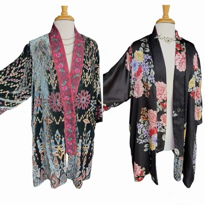 Abrigo Chaqueta Johnny Was Rayón-Seda Terciopelo Kimono Floral Bordado Frente Abierto L Foto 1 de 4