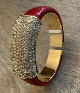 Henri Bendel Cuff Bracelet Red Leather With Rhinestone Cluster - Picture 1 of 13
