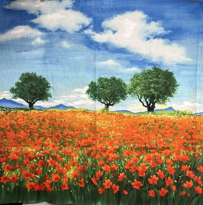 Panel de tela de edredón amapola campo árboles montañas cielo 21x22 hacer almohada decoración de pared Foto 1 de 4