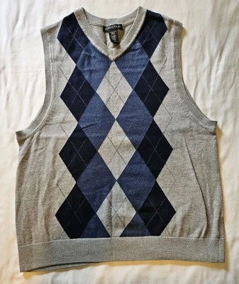 Structure Men Sweater Vest Gray Argyle Cotton LG Blue Gray Professor Style Warm - Image 1 of 4