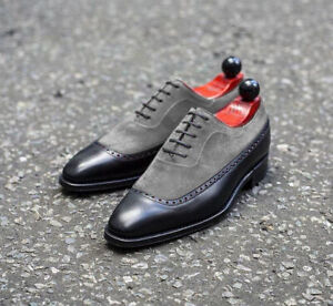 Handmade Mens Two tone wingtip formal shoes, Men black and gray Spectators shoes