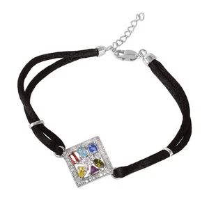 "PULSERA DE PLATA ESTERLINA 925 SEÑORA CUERDA NEGRA DE PIEDRAS PRECIOSAS MULTICOLOR / 8""" - Imagen 1 de 2
