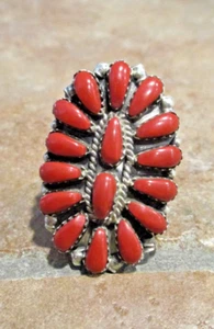EYE CATCHING !!!  Vintage Zuni Sterling PETIT POINT Coral Cluster Ring   S 7.75 - Picture 1 of 9