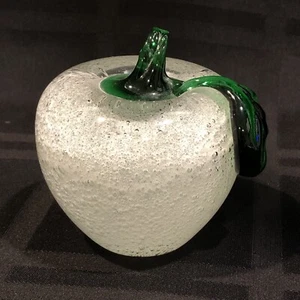 Glass Apple Paperweight Green Stem, Bubbles - Picture 1 of 8