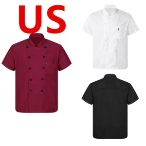 Unisex Chef Coat Jacket Short Sleeve Kitchen Restaurant Hotel Work Uniform - Picture 1 of 49
