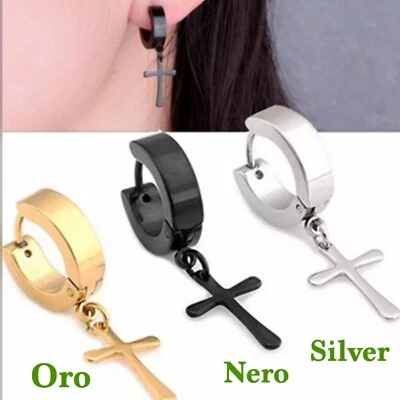 ORECCHINI UOMO DONNA A CERCHIO CERCHIO ACCIAIO INOX CON CROCE ARGENTO NERO - Immagine 1 di 4