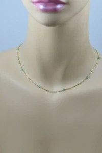 14K Yellow Gold Dyed Green Jade Beads Necklace, Circa 1990 - Picture 1 of 6