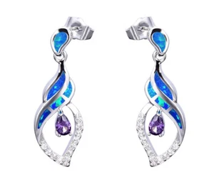 E08 Ohrringe Stecker Welle Kringel Opal Feueropal blau Kristall weiß versilbert - Bild 1 von 3