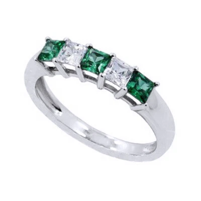 1.00 Ct Simulated Diamond & Green Emerald 14K White Gold Plated Weddg Band Ring - Image 1 of 2