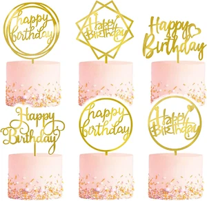 6-Pack Gold Cake Topper Set, Double-Sided Glitter, Acrylic Happy Birthday Cupcak - Picture 1 of 12