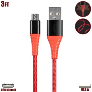 3FT USB Micro B to Type A Sync Data Charging Cable Reinforced Braided Cord Red - Picture 1 of 6