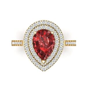 2.5Ct Pear Cut Natural Garnet Yellow Gold Halo Solitaire with Accents Ring