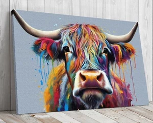 Scottish Hairy Cow Colourful oil painting mounted canvas print ready to hang - Picture 1 of 10