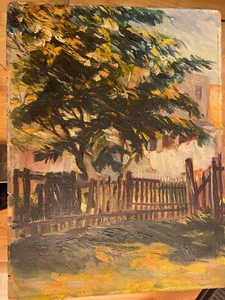 Vintage Signed A. Cohn(?) Oil Painting On Board Tree,Fence, and Grass L.A,CA p/u - Picture 1 of 1