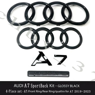 Nuevos anillos delanteros traseros emblema negro brillante logotipo insignia Quattro Ki 4 piezas 2019+ Audi A7 Foto 1 de 2