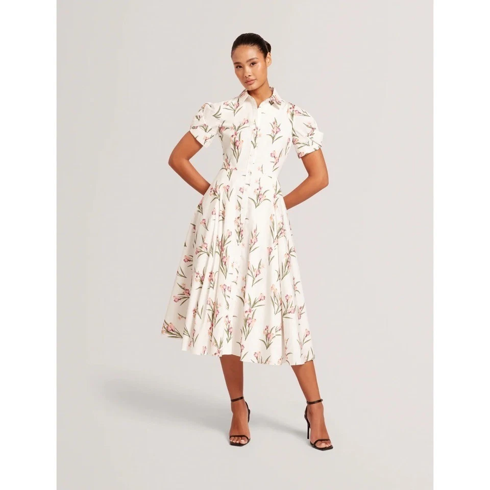TED BAKER London Floral Puff Sleeve Midi Shirtdress Shirt Dress Ultra White 8 - Image 1 of 4