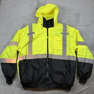 High Visibility Jacket Men’s 2XL Yellow Bomber Hood Type R Class 3 ANSI 107-2015 - Picture 1 of 11