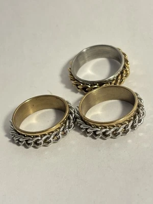 Lote de anillos de acero inoxidable para hombre talla 9 1/2 cadena eslabón giratorio inquieto tono oro y plata Foto 1 de 4