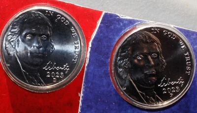 2023 P y D Jefferson Nickels 2 monedas BU cortadas de Estados Unidos conjunto de cinco centavos UNC 5c Foto 1 de 4