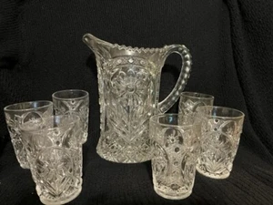 American Brilliant schwer geschnittenes Glas Kristallkrug 6 Trinkbecher Getränkeset 11 Pfund - Bild 1 von 8