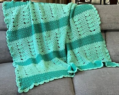 Afghan Lap Blanket Handmade Crochet Shell Design Mint/Green Scalloped 66"x 52" - Image 1 of 4