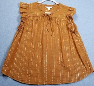Lauren Conrad Top Women’s Large Orange Metallic Gold Striped Short Ruffle Sleeve - Picture 1 of 11