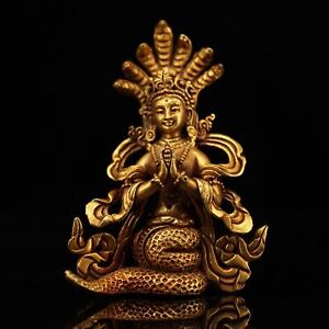 Old Tibet pure Bronze 24K Gold Seat 5-Heads Snake Naga Kanya Guan Yin Sculpture