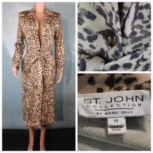 St. John Beige Brown Green Long Jacket L 10 12 Dress Duster Coat Collared Belt - Picture 1 of 9