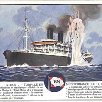 France WW1 SHIPWRECK Postcard Messageries Maritimes Torpedo *ATHOS* 1917 PX102 - Image 1 of 4