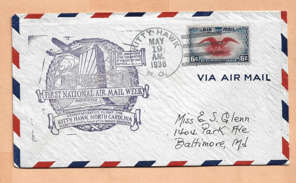 C23 FIRST FLIGHT KITTY HAWK N.C TO DAYTON OH MAY 19,1938 NATIONAL AIR MAIL WEEK - Image 1 of 1