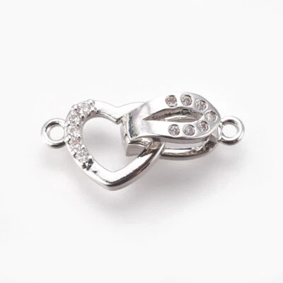 5 Sets Platinum Plated Brass Micro Pave CZ Fold Over Clasps Heart Findings 18mm - Image 1 of 3