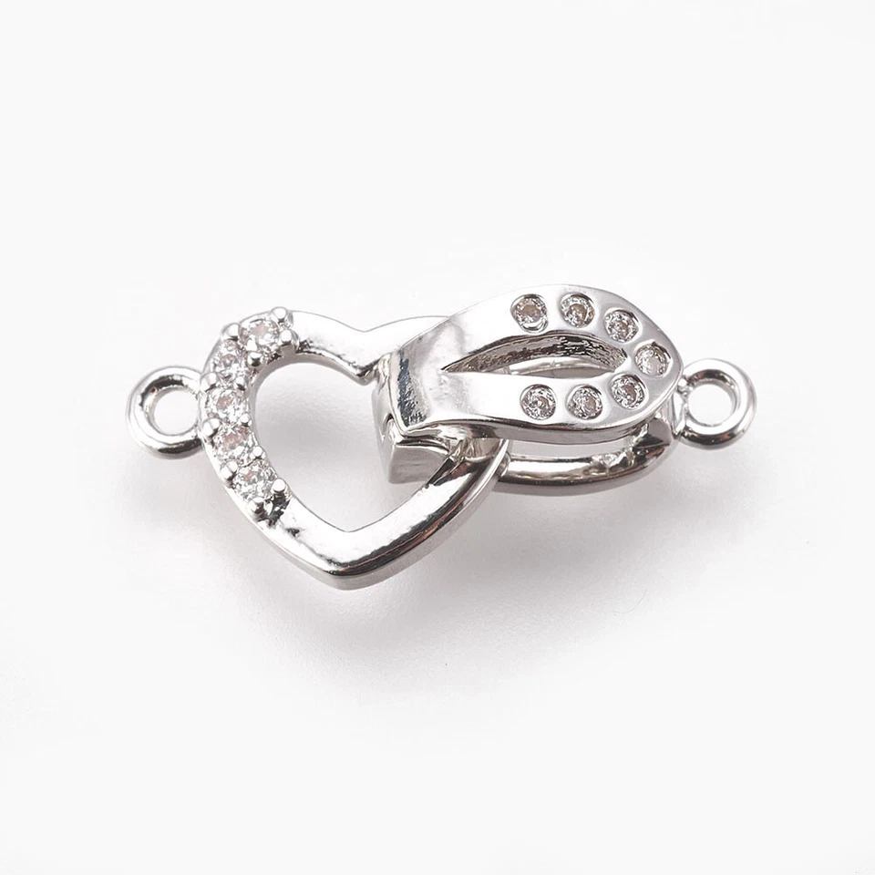 5 Sets Platinum Plated Brass Micro Pave CZ Fold Over Clasps Heart Findings 18mm - Image 1 of 3
