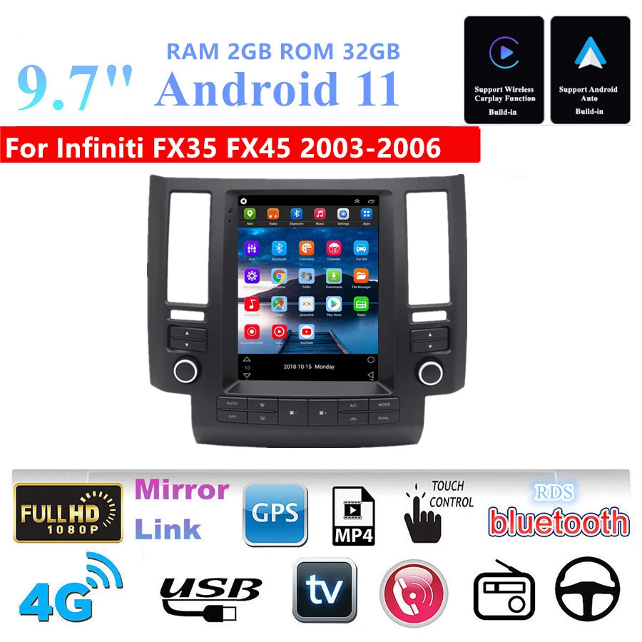 Radio estéreo GPS para automóvil Android11 32 GB Carplay 9,7"" para Infiniti FX35 FX45 2003-06 Foto 1 de 4