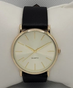 Ladies Minimalistic Round Gold Tone Case Dial Black Leather Band Watch L6 - Picture 1 of 9
