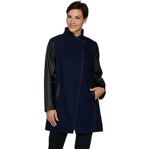 DENNIS BASSO Size M Envelope Collar Wool Blend Faux Leather Coat NAVY - Picture 1 of 4