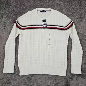 Tommy Hilfiger Sweater Mens 2XL XXL White Cable Knit Long Sleeve Pullover Cotton - Picture 1 of 17