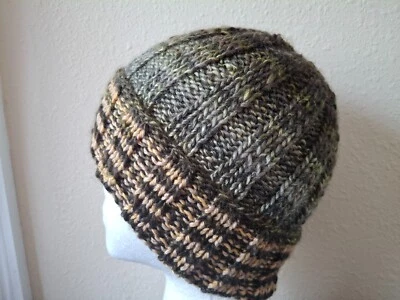Hand knitted warm and  cozy striped wool/acrylic blend beanie/hat, olive branch - Image 1 of 4