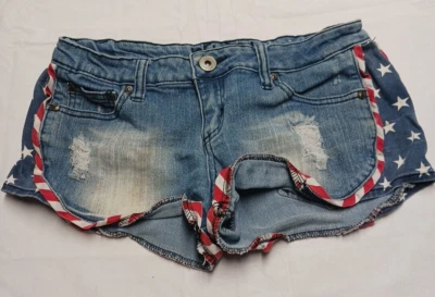 Pantalones cortos de mezclilla para mujer Rue 21 talla 1/2 Distress bandera americana patriótica Foto 1 de 4