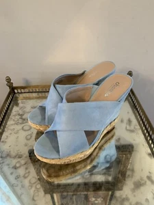 Charles By Charles David Shoes Blue Faux Suede Wedge Sandals Cork Rattan Mule - Picture 1 of 10