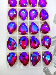 20 13x18 Teardrops Gems Sew On Gold claw Rhinestone Glass Crystals Pink Red AB - Picture 1 of 7