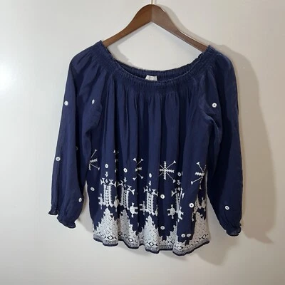Joie Anthropologie Women's Peasant Blouse Size M Navy Blue White Embroidery Boho - Image 1 of 4