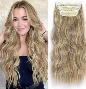 ALXNAN 24" Dirty Blonde Clip-In Hair Extensions 4PCS Thick Wavy Synthetic Fiber - Picture 1 of 3